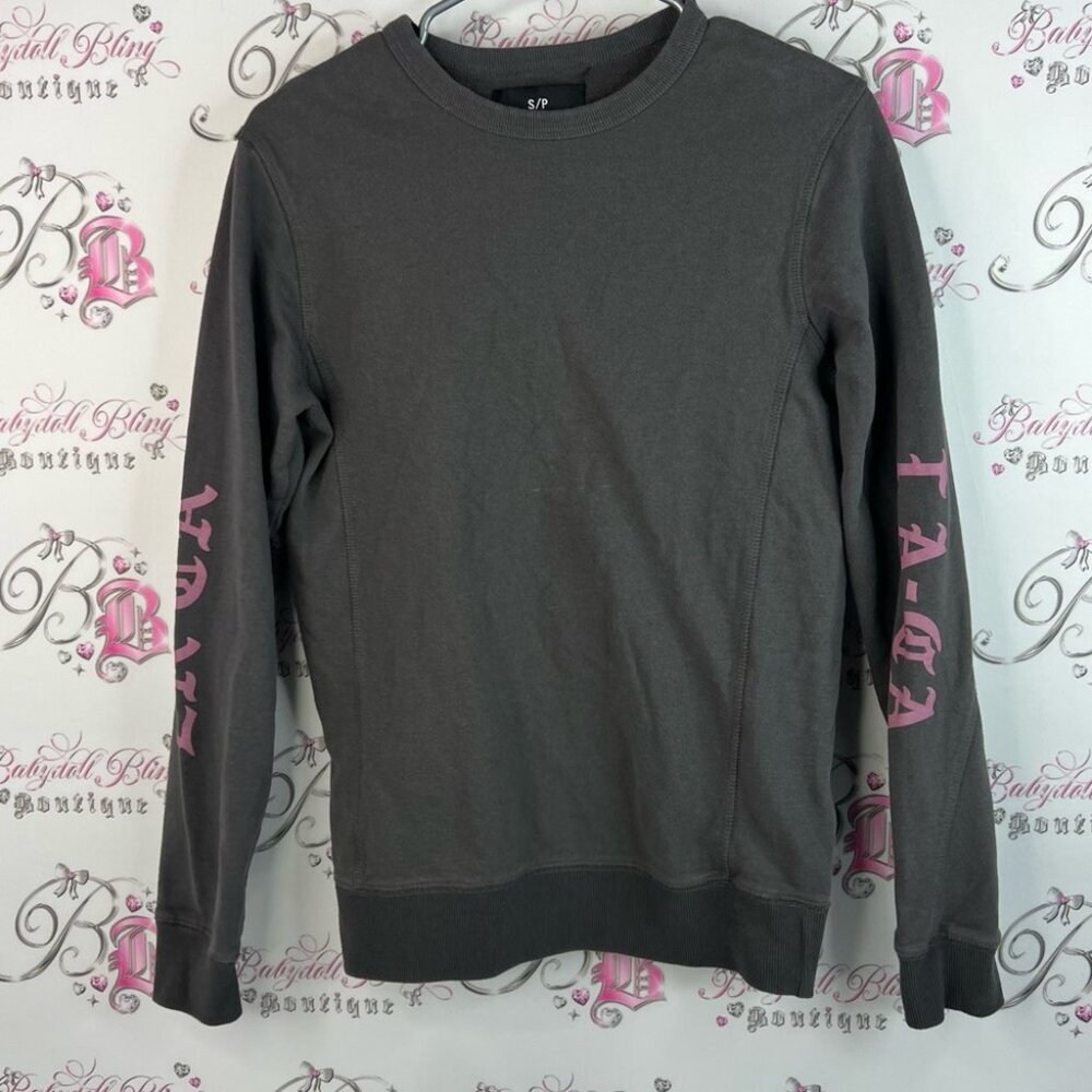 Cotton On long sleeve top La Ga Dark Gray Crewneck with Pink Lettering